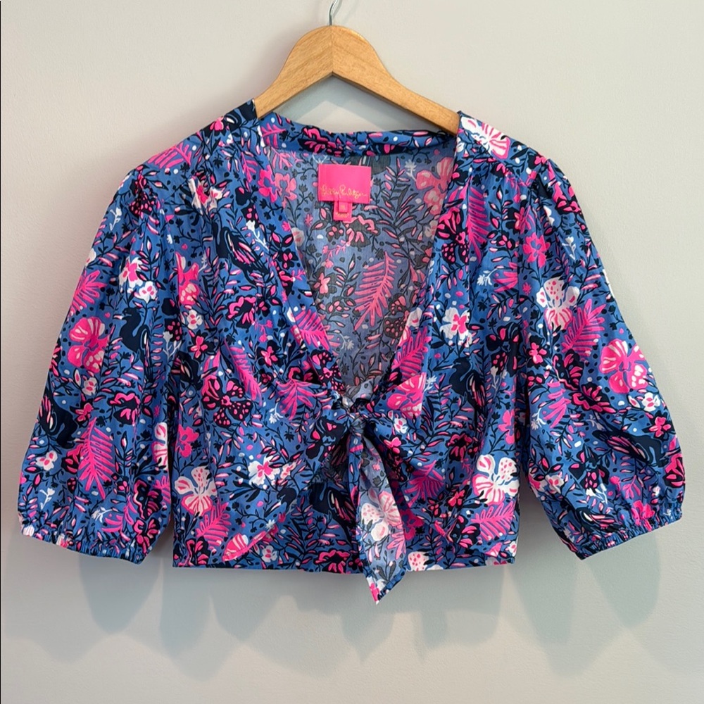 Lilly Pulitzer Blue and Pink Puff Sleeve and Skirt Set